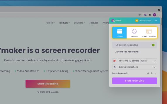 Choose between screen, webcam, or both to start recording per requirement.