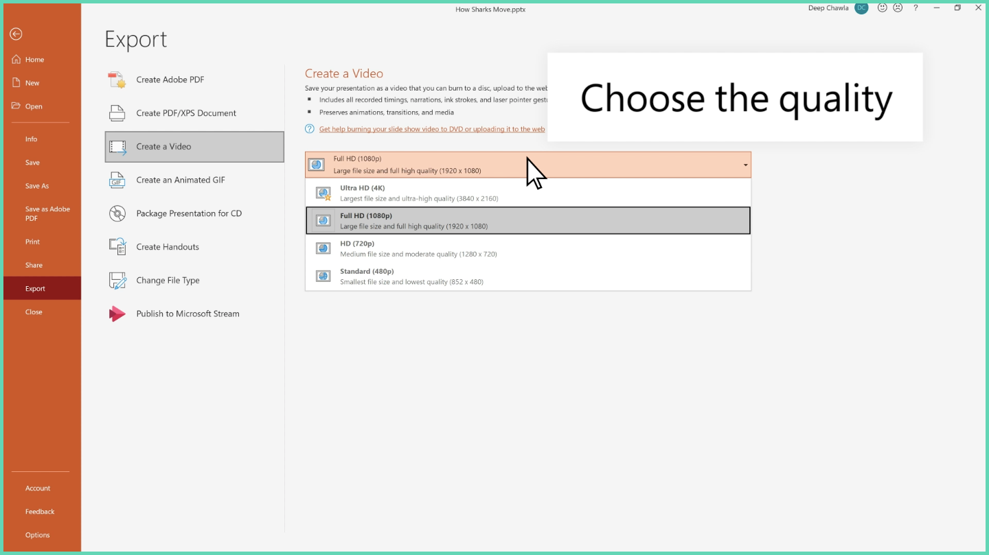How to save powerpoint presentation as a video